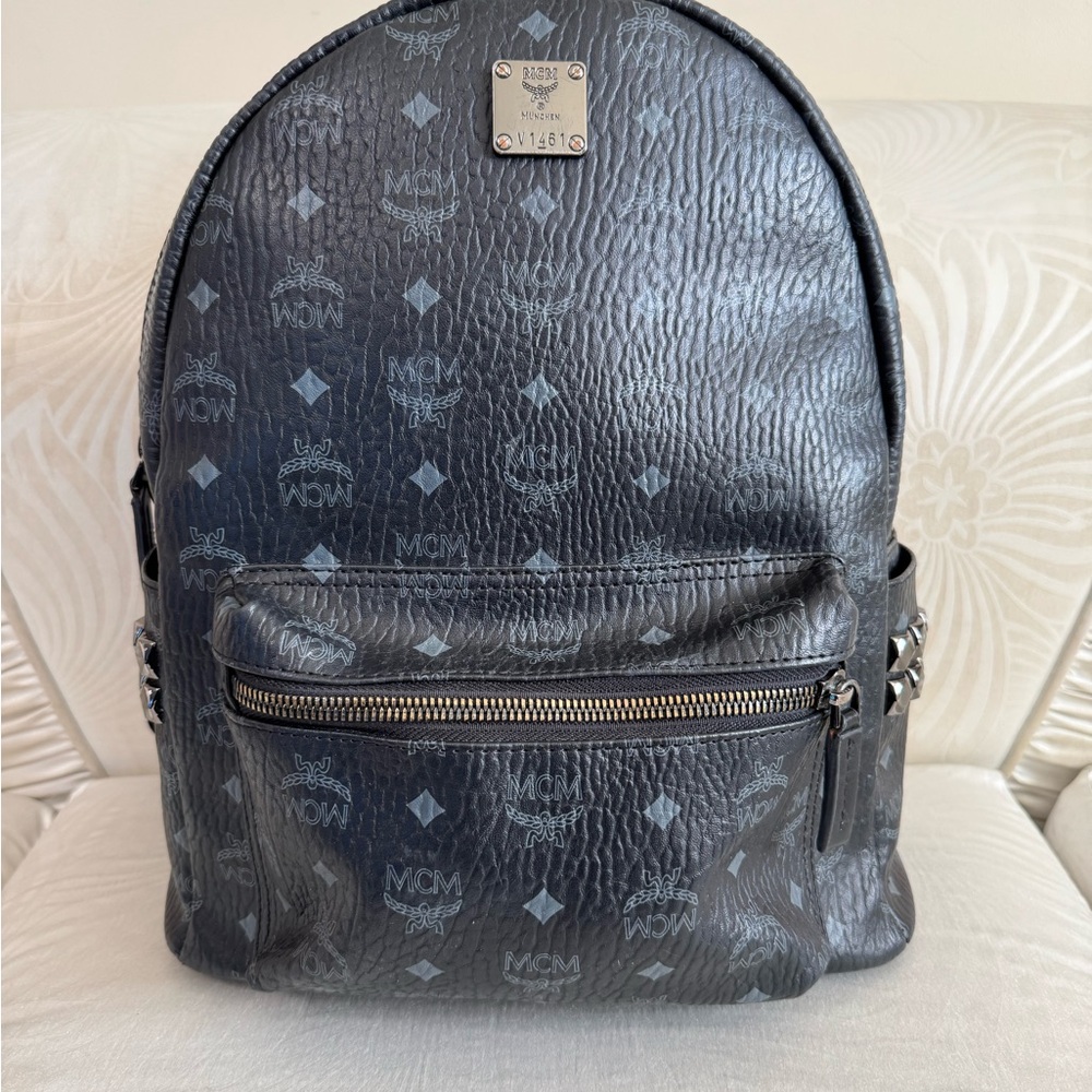 MCM Black Leather Backpack with Embossed Logo